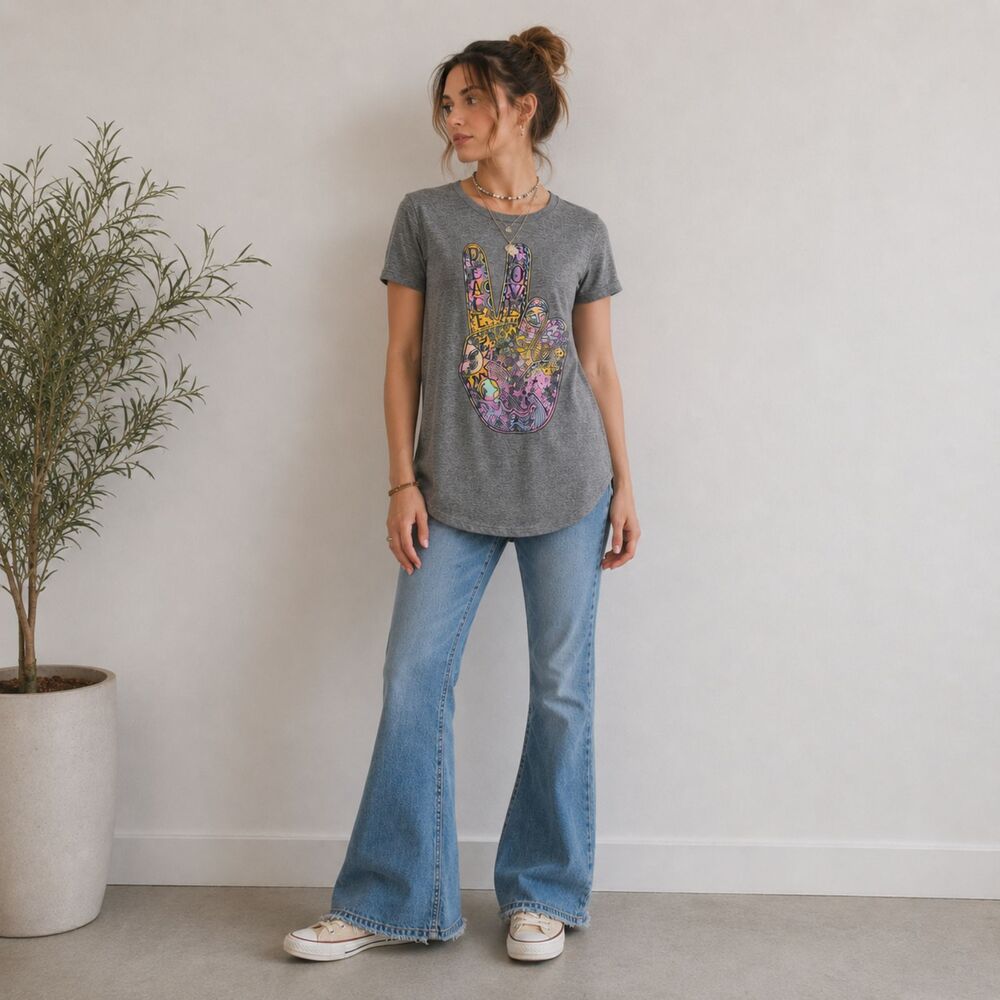 Modern Lux Peace Love Graphic Tee Gray Boho Hippie XS Distressed Top